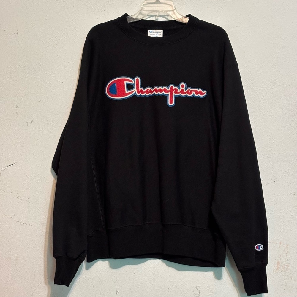 Men's VTG CHAMPION Spell Out Patch Reverse Weave Sweatshirt 90s Black Sz L